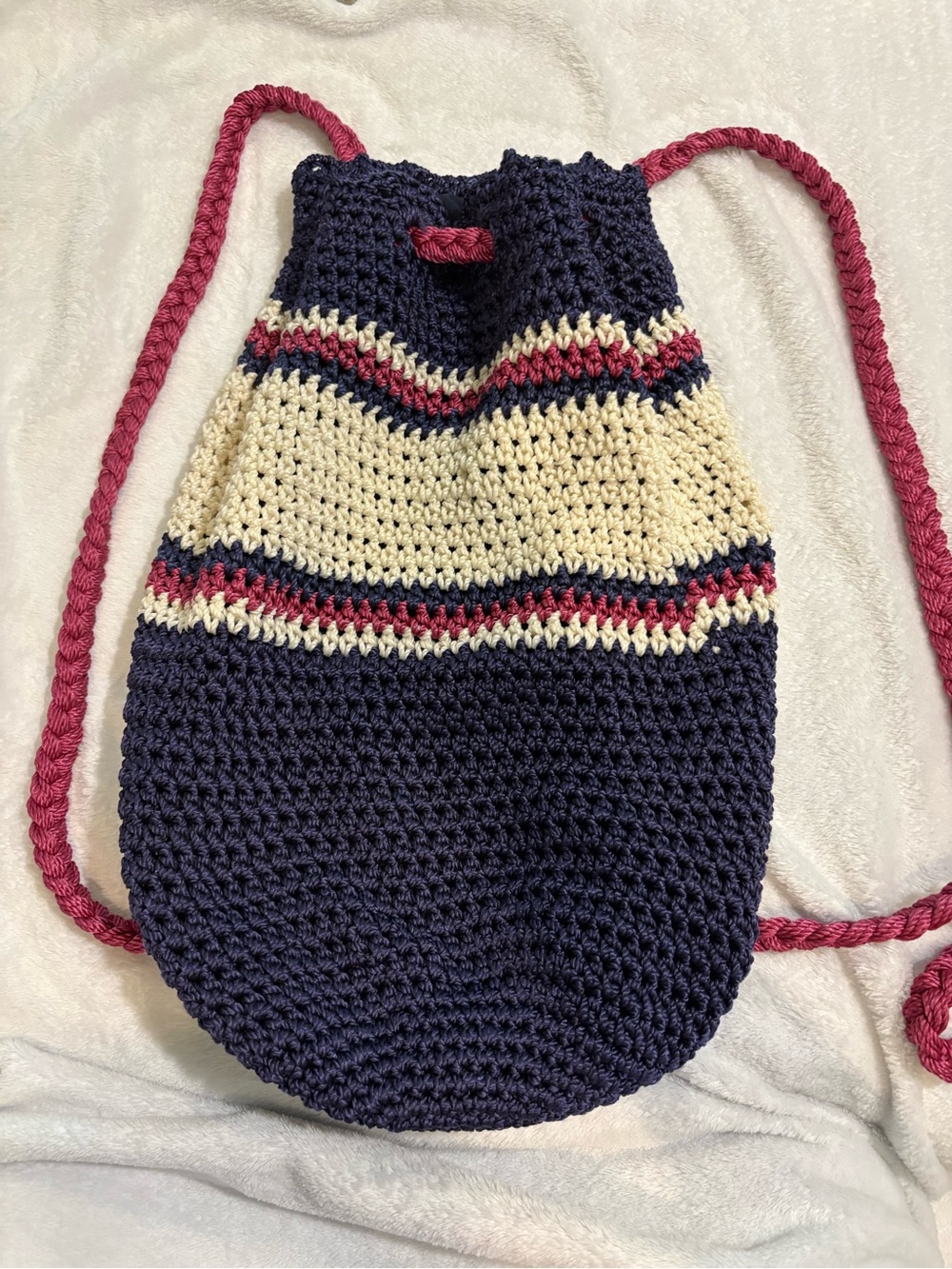 Handmade Crochet Navy & Cream Drawstring Backpack with Pink Accents